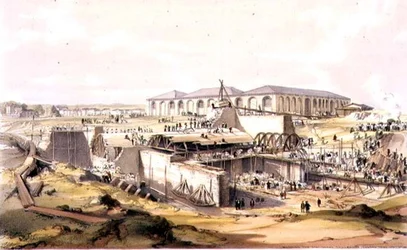 Construcción de la Casa de la Máquina Estacionaria, Camden Town, 28 de abril de 1837, grabado por el artista