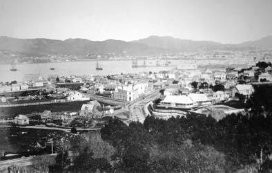 Puerto de Lambton y Muelle de la Reina, Wellington, Nueva Zelanda, 1870