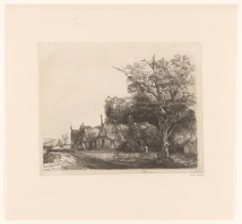 Paisaje con tres casas de campo a dos aguas junto a una carretera