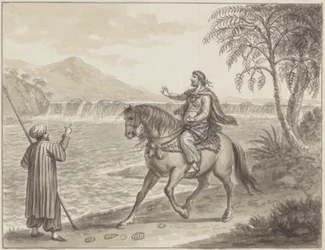 Jinete acercándose a viajero junto a río