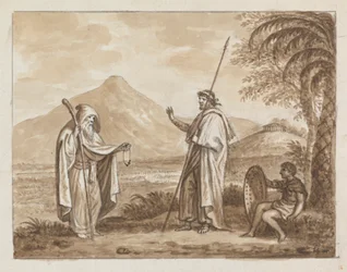Anciano, guerrero y niño en un paisaje clásico