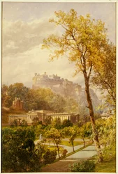 Vista de los jardines de Princes Street y la National Gallery de Edimburgo, mirando hacia el oeste en dirección al castillo, 1855