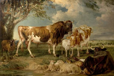 Toro, vaca y ternero en un paisaje, 1837