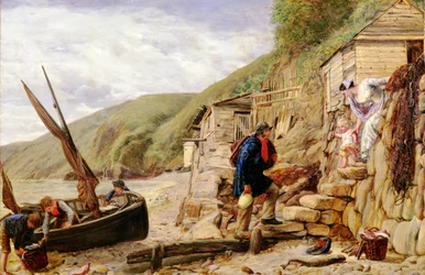 ¡Bienvenido, bonito barco! El regreso del pescador, escena en Clovelly, North Devon, 1856