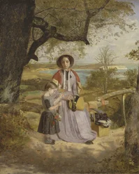 Madre e hijo junto a un estilo, con Culver Cliff, Isla de Wight, en la distancia, c.1849-50