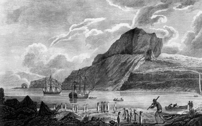 Isla Kerguelen, vista de la bahía de Navidad, dibujo de William Hodges, grabado de William Watts, ilustración del Viaje al Polo Sur y Vuelta al Mundo, de James Cook (1728-1779), edición publicada en París en 1778.