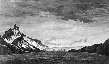 Paisaje de la bahía Possession en la isla Georgia del Sur, ilustración del Viaje al Polo Sur y Vuelta al Mundo, de James Cook (1728-1779), edición publicada en París en 1778.
