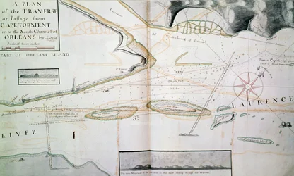Mapa de cruces en el río San Lorenzo cerca de Quebec, cerca de la isla de Orleans, mapa dibujado por James Cook entre 1758-1763, Canadá