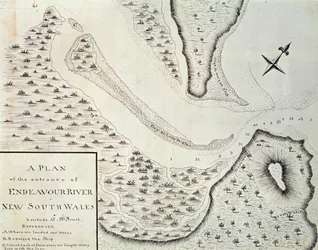 Mapa de la entrada del río Endeavour, mapa del relato del primer viaje dirigido por James Cook entre 1768 y 1771, Australia
