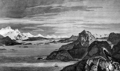 Vista de Christmas Sound, Tierra del Fuego, dibujo de William Hodges, grabado de William Watts, ilustración de Voyage towards South Pole, and Round World, de James Cook (1728-1779), edición publicada en París en 1778.