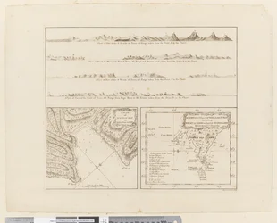 ii. (a) Cuatro perfiles de la costa de Tierra del Fuego (b) Un plano de Success Bay en el Estrecho de Le Maire (c) Un mapa de la parte sureste de Tierra del Fuego, grabado por T. Borven y J. Gibson