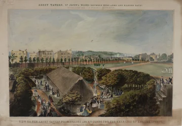 Vista de las terrazas y jardines de la Abadía Taverns, Violet Hill, Marylebone, c.1870