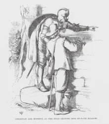 Christian y Hopeful en el paso que conduce a By-Path Meadow (grabado)