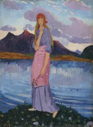 Niña junto a un lago (óleo sobre tabla)