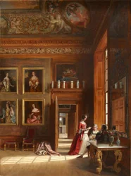 Vista romántica de la Gran Cámara del Rey con un grupo de personas en traje del siglo XVII, c.1703-05 (óleo sobre lienzo)