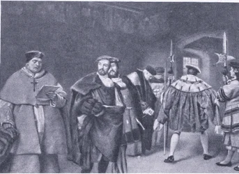 Despido del Cardenal Wolsey por el Rey Enrique VIII, de la Historia del Pueblo Británico de Cassell publicada por la Waverley Book Company, c.1950s