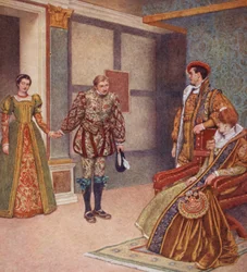 El mercader de Venecia de Shakespeare: Porcia, Bassanio, Gratiano y Nerissa (litografía en color)