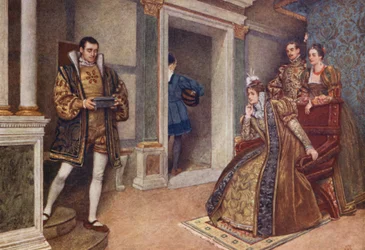 El mercader de Venecia de Shakespeare: Porcia, Bassanio, Nerissa y Gratiano (litografía en color)