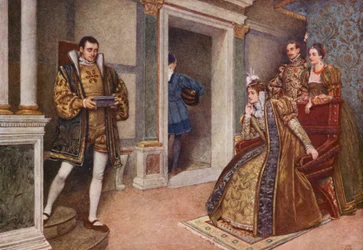 El mercader de Venecia de Shakespeare: Porcia, Bassanio, Nerissa y Gratiano (litografía en color)