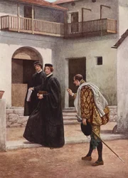 El mercader de Venecia de Shakespeare: Porcia, Nerissa y Gratiano (litografía en color)