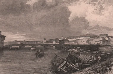 Vista del río Arno en Pisa, Toscana, Italia, grabado en acero de Thomas Higham (1796-1844) según dibujo de James Duffield Harding (1798-1863)