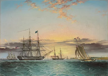 El U.S.S. Ohio remolcado en la Bahía Baja, Nueva York con una vista de Fort Hamilton