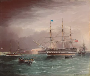 El U.S.S. Pennsylvania remolcado al estallar la Guerra Civil Americana con Fort Monroe en el fondo