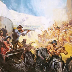 Pioneros americanos disparando a indios rojos
