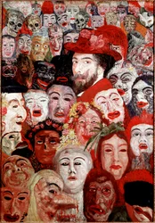 Autorretrato rodeado de máscaras Pintura de James Ensor (1860-1949) 1899 Dim. 120x180 cm Colección particular