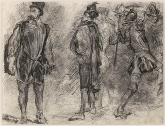 Tres soldados españoles, uno de ellos blandiendo una espada