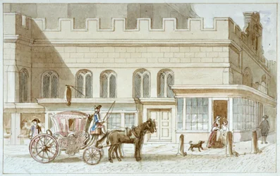 Frentes de tiendas por St Dunstan-in-the-West, Fleet Street, Ciudad de Londres, 1820