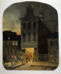 El cuerpo de bomberos de Filadelfia sale del cuartel para acudir a un incendio. Acuarela de James Fuller Queen (1820-1866) 1857.