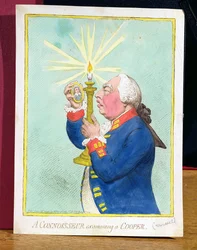 Un conocedor examinando una obra de Cooper, Jorge III (1738-1820) temiendo una nueva revolución, observa un retrato de Cromwell, pub. por Hannah Humphrey, 1792
