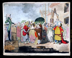 A Sale of English Beauties in the East Indies, publicado por W. Holland en 1786 (aguafuerte coloreado a mano con aguatinta)