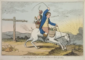 Un Sol poniéndose en la Niebla, con el Viejo Hanover Hack defendiendo, publicado por J. Williams en 1783