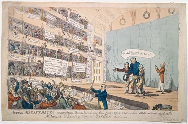 Magistrados actuando comprometiéndose, siendo su primera aparición como se realizó en el Teatro Nacional Covent Garden, publicado en 1809