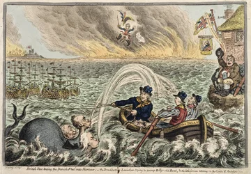 Marineros Británicos remolcando la Flota Danesa al Puerto, o El Leviatán de Fondo Ancho tratando de hundir el Viejo Barco de Billy, y el pequeño Corso tambaleándose en las Nubes de la Ambición, 1807
