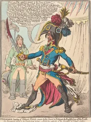 Buonaparte, al enterarse de la victoria de Nelson, jura por su espada exterminar a los ingleses de la faz de la Tierra (de: Caricatura, vol. 1)