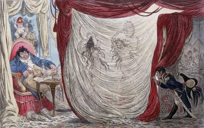 Caricatura sobre Napoleón, Paul Barras, Josefina y Mademoiselle de Fontenay, llamada Teresa (Theresa o Terezia) Cabarrus, llamada Madame Tallien (Talien), o: estas damas bailan desnudas para Barras bajo la mirada furtiva de Napoleón [Josefina siendo, en