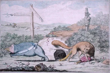 Cambiando lugares, o Fox apestando al tejón fuera de su nido, publicada por William Humphrey en 1782