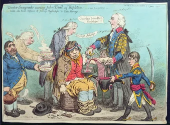 Dr Sangrado curando a John Bull de Repletion, publicado por Hannah Humphrey en 1803 (grabado coloreado a mano)