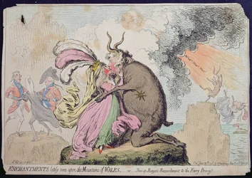 Encantamientos vistos recientemente en la Montaña de Gales, o la Reconciliación de Shon-ap-Morgan con la Princesa Hada, publicado por Hannah Humphrey en 1796