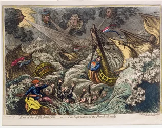 Fin de la invasión irlandesa, o La destrucción de la Armada francesa, publicada por Hannah Humphrey en 1797