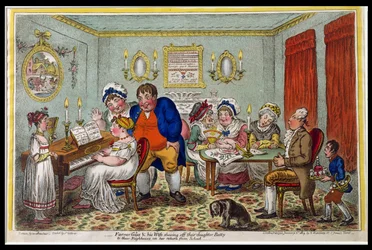 El granjero Giles y su esposa mostrando a su hija Betty a sus vecinos a su regreso de la escuela, publicado por Hannah Humphrey en 1809