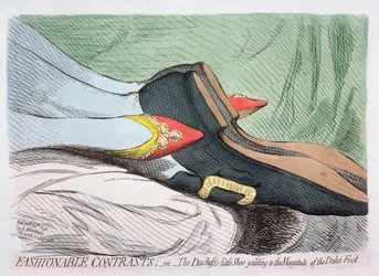 Contrastes de moda, o el pequeño zapato de la duquesa cediendo a la magnitud del pie del duque, publicado por Hannah Humphrey en 1792