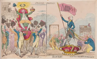 Francia Libertad, Gran Bretaña Esclavitud, pub. 1789 (grabado coloreado a mano)