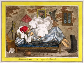 Lujo alemán, o Reposo a la alemana, publicado por Hannah Humphrey en 1800 (aguafuerte coloreado a mano)
