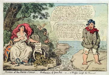 Horrores de la Unión Irlandesa: Molestia del Pobre Pat, o Un Susurro a través del Canal, publicado por Hannah Humphrey en 1798
