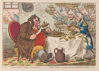 John Bull almorzando o cocineros británicos atiborrando a Old Grumble Gizzard con Bonne Chere