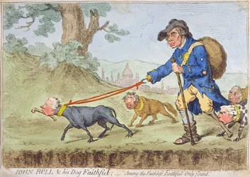 John Bull y su perro Faithful, publicado por Hannah Humphrey en 1796 (aguafuerte coloreado a mano)
